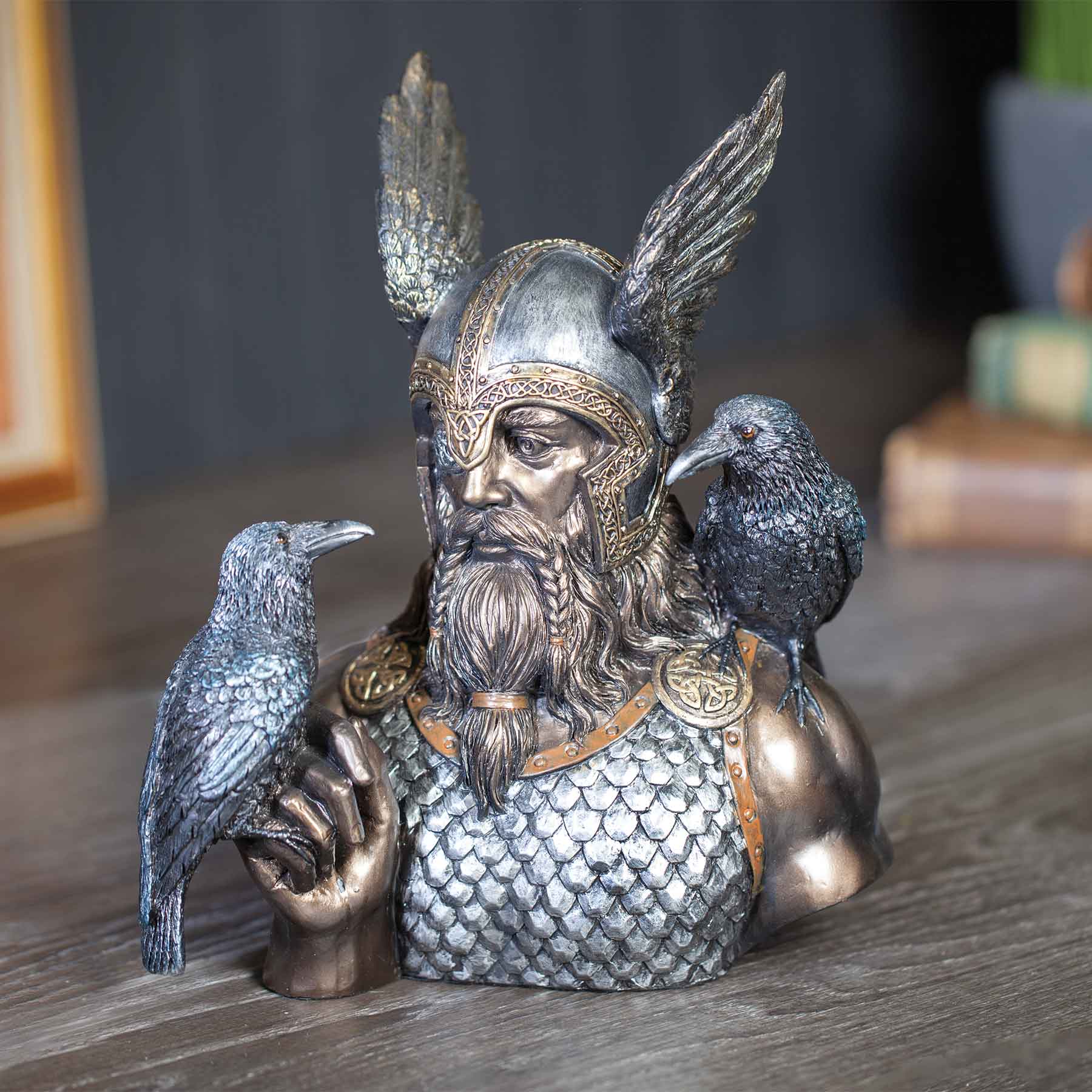 9 Odin Bust with Ravens Viking Norse Mythology God Statue Bronze